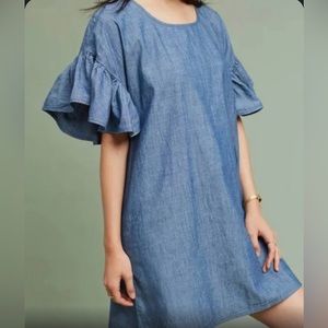 Maison Labiche Anthropologie Denim Mini Dress with Frill Sleeves